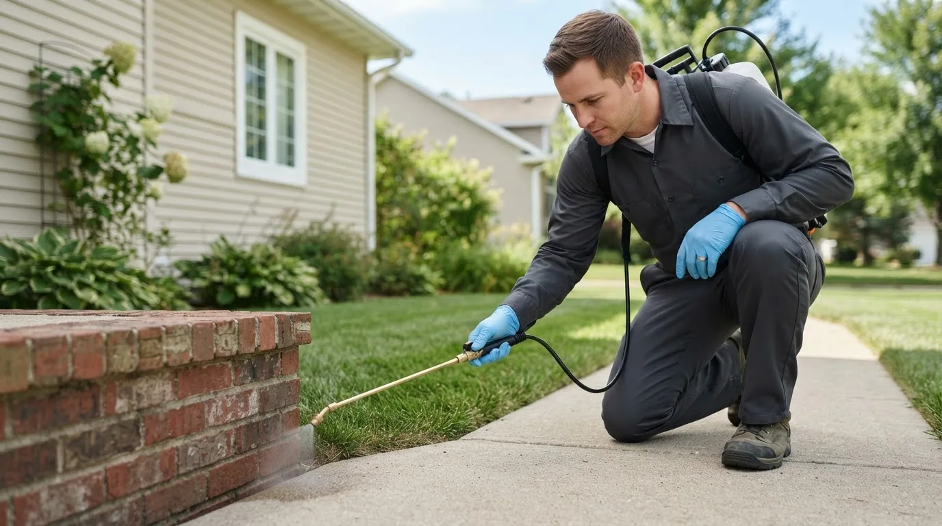 Pest control technician treating a home near Leland, MI