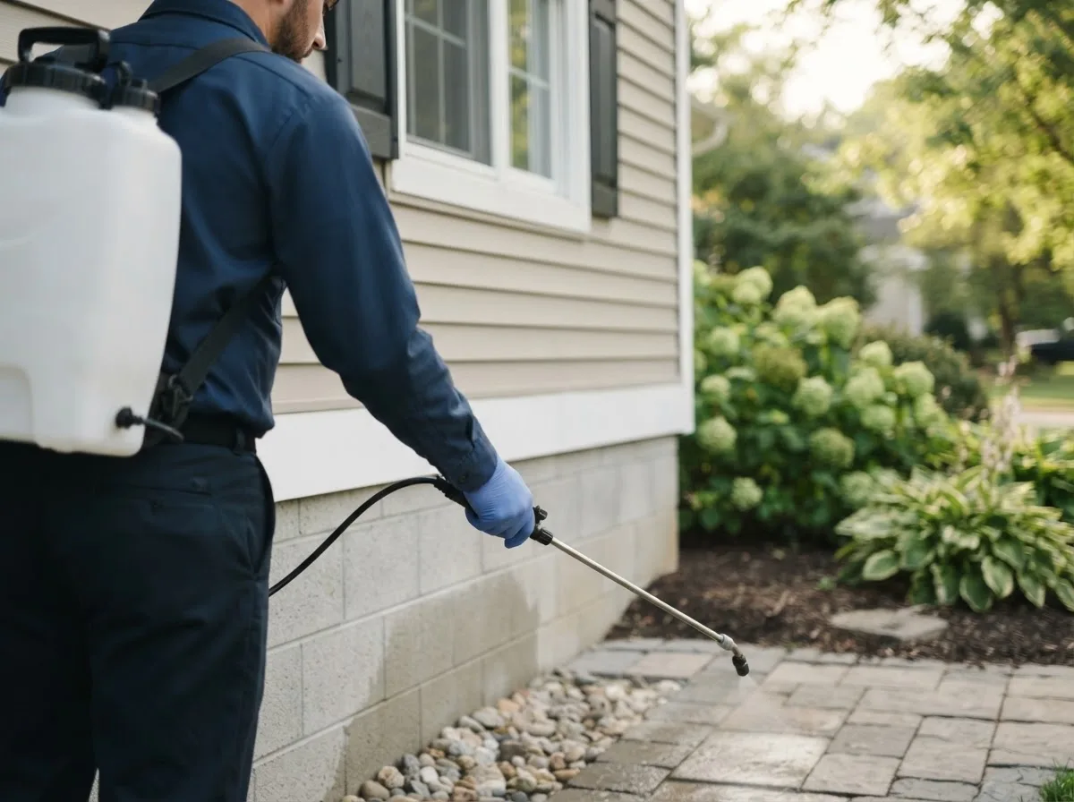 Pest control technician inspecting a home in Leland, MI